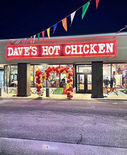 Dave's Hot Chicken Philadelphia Exterior at Sunset Balloons